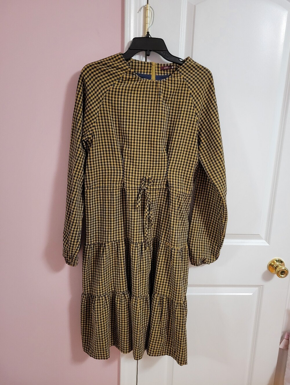 Udel New York Gingham Tiered Midi Dress Yellow Navy Long Sleeve- M- Cottagecore